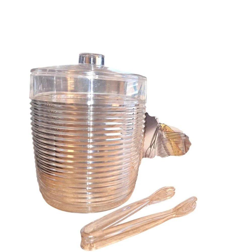 Vintage 1980s Spotlights Clear Ribbed Acrylic Ice Bucket‎ with Lid and Tongs USA